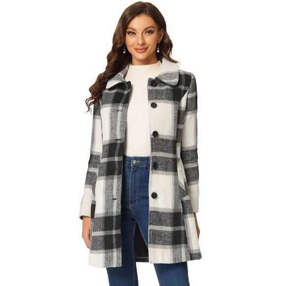 Women's Buffalo Checks Winter Peter Pan Collar Long Plaid Coat Black White - Picture 1 of 6